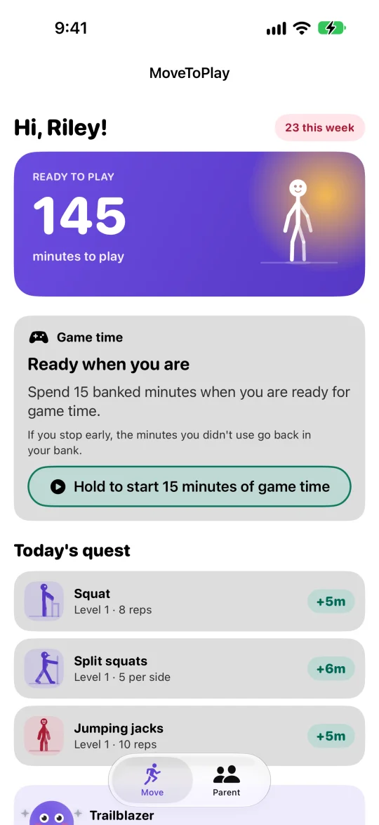 MoveToPlay on iPhone: a child&rsquo;s home screen greeting &ldquo;Hi, Riley!&rdquo; above a grape card reading &ldquo;Ready to play &mdash; 145 minutes to play&rdquo;, a Game time card with a &ldquo;Hold to start 15 minutes of game time&rdquo; button, and Today&rsquo;s quest.