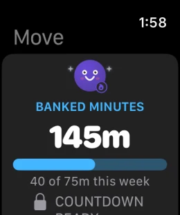 MoveToPlay on Apple Watch: &ldquo;Banked minutes 145m&rdquo; under the buddy, above the weekly minutes meter reading &ldquo;40 of 75m this week&rdquo; and &ldquo;Countdown ready&rdquo;.