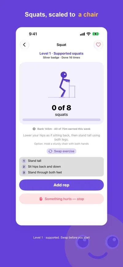 iPhone screenshot headed &ldquo;Squats, scaled to a chair&rdquo;: a stick figure doing a chair-supported squat at 0 of 8 squats, with a &ldquo;Swap exercise&rdquo; button, an &ldquo;Add rep&rdquo; button and a &ldquo;Something hurts &mdash; stop&rdquo; button.