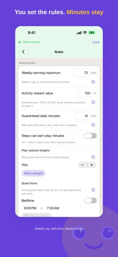 iPhone screenshot headed &ldquo;You set the rules. Minutes stay&rdquo;: the parent&rsquo;s reward rules with a weekly earning maximum of 75 minutes, activity reward value, 15 guaranteed daily minutes, play-session lengths and quiet hours.