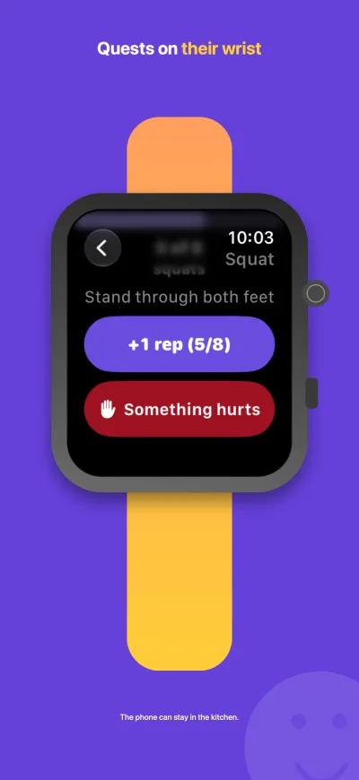 Screenshot headed &ldquo;Quests on their wrist&rdquo;: an Apple Watch showing a squat in progress with a &ldquo;+1 rep (5/8)&rdquo; button and a &ldquo;Something hurts&rdquo; button.