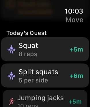 Apple Watch screenshot of Today&rsquo;s Quest: Squat, Split squats and Jumping jacks, each with the minutes it earns.