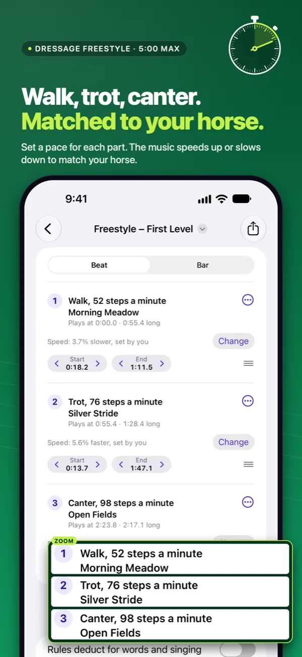 App Store screenshot headed &ldquo;Walk, trot, canter. Matched to your horse.&rdquo; An iPhone shows the Freestyle &ndash; First Level project in three parts: Walk, 52 steps a minute; Trot, 76 steps a minute; Canter, 98 steps a minute, each with its own speed.