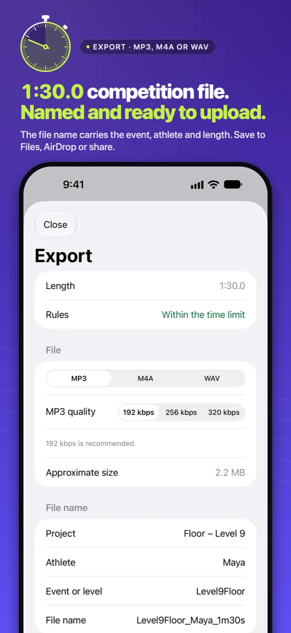App Store screenshot headed &ldquo;1:30.0 competition file. Named and ready to upload.&rdquo; The Export sheet shows Length 1:30.0, Within the time limit, MP3 at 192 kbps, about 2.2 MB, and a file name made from the event, athlete and length.