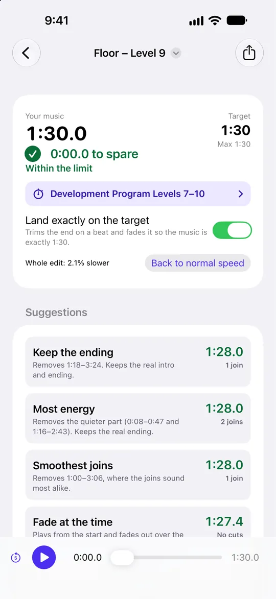 SongShrink on iPhone: the Floor &ndash; Level 9 project showing Your music 1:30.0, Target 1:30, 0:00.0 to spare and Within the limit, with Land exactly on the target switched on and suggested edits below.