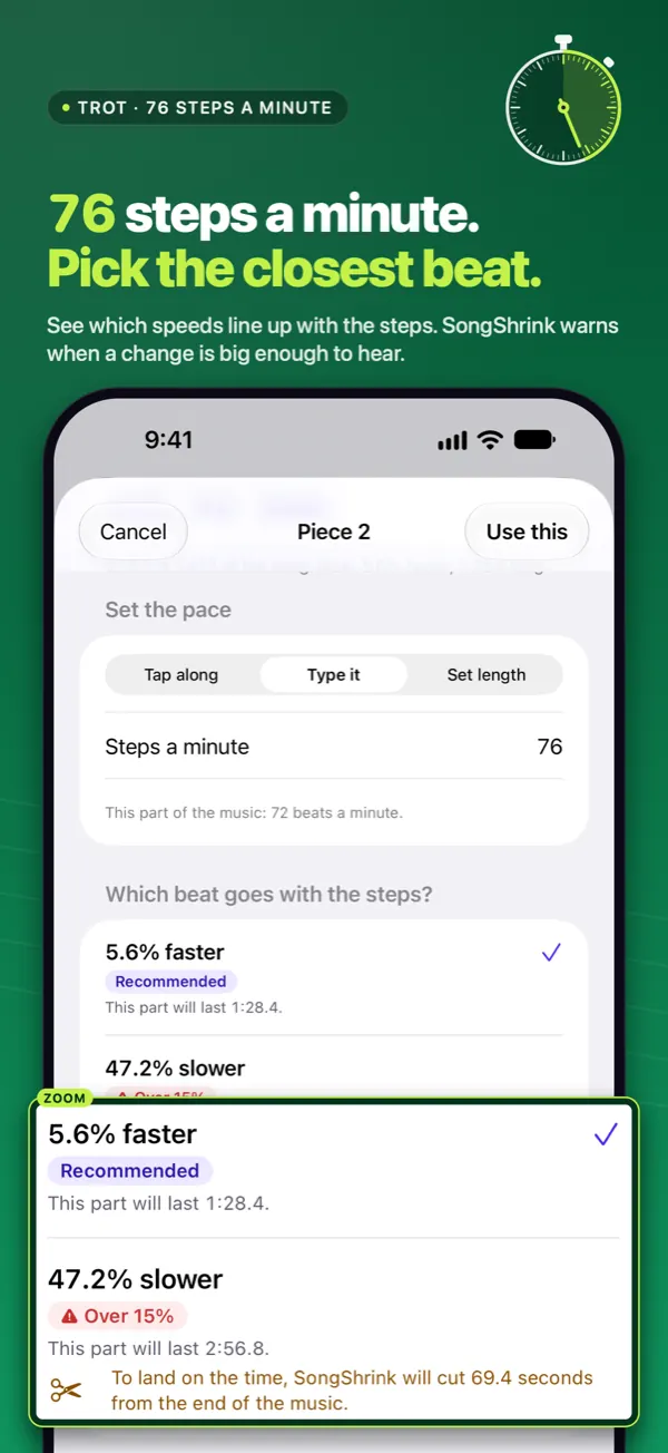 App Store screenshot headed &ldquo;76 steps a minute. Pick the closest beat.&rdquo; The Set the pace sheet shows Steps a minute 76, then two choices: 5.6% faster, marked Recommended, this part will last 1:28.4; and 47.2% slower, flagged Over 15%.