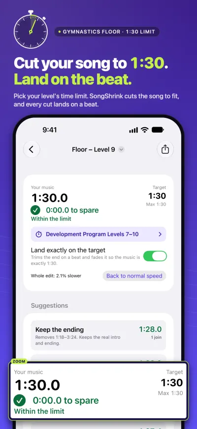 Screenshot headed &ldquo;Cut your song to 1:30. Land on the beat.&rdquo;: the Floor &ndash; Level 9 project with a time card reading 1:30.0, 0:00.0 to spare, Within the limit.