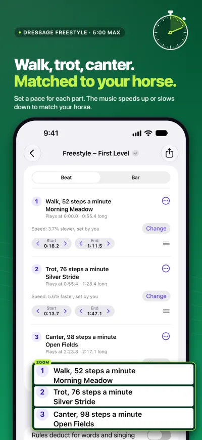 Screenshot headed &ldquo;Walk, trot, canter. Matched to your horse.&rdquo;: the Freestyle &ndash; First Level project with Walk at 52, Trot at 76 and Canter at 98 steps a minute.