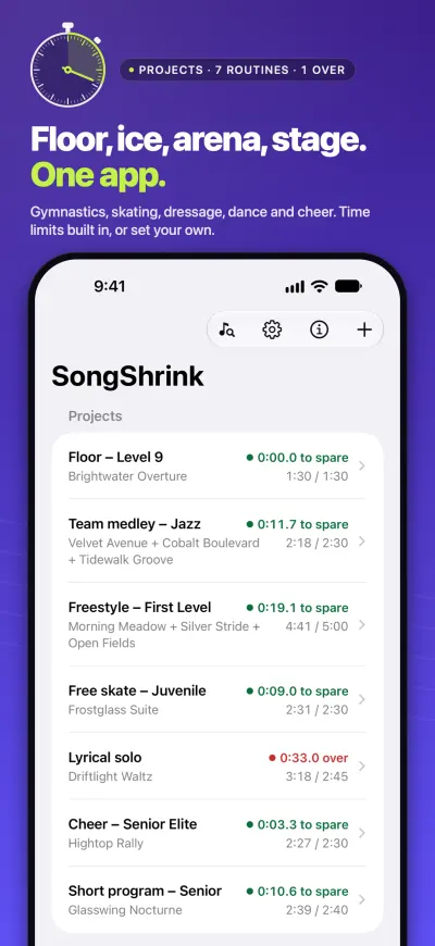 Screenshot headed &ldquo;Floor, ice, arena, stage. One app.&rdquo;: the projects list with seven routines for floor, team medley, dressage freestyle, skating, a lyrical solo and cheer.