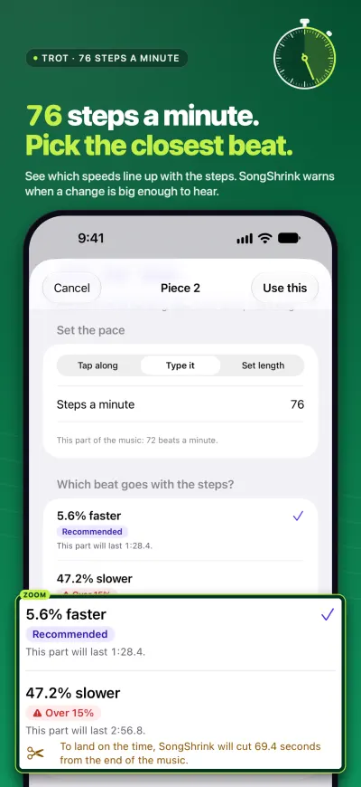 Screenshot headed &ldquo;76 steps a minute. Pick the closest beat.&rdquo;: the Set the pace sheet with 5.6% faster, Recommended, and 47.2% slower, flagged Over 15%.