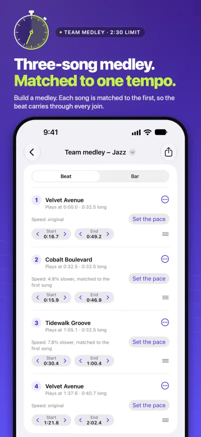 Screenshot headed &ldquo;Three-song medley. Matched to one tempo.&rdquo;: a team medley made from three songs in four pieces. The second and third songs are slowed to match the first song&rsquo;s tempo, and the first song comes back as the fourth piece at its original speed.