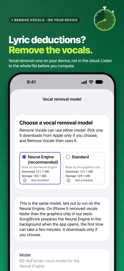 Screenshot headed &ldquo;Lyric deductions? Remove the vocals.&rdquo;: the vocal removal model sheet with a choice of how the model runs on the device.