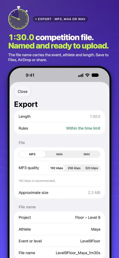 Screenshot headed &ldquo;1:30.0 competition file. Named and ready to upload.&rdquo;: the Export sheet with Length 1:30.0, Within the time limit, MP3 at 192 kbps and a file name made from the event, athlete and length.