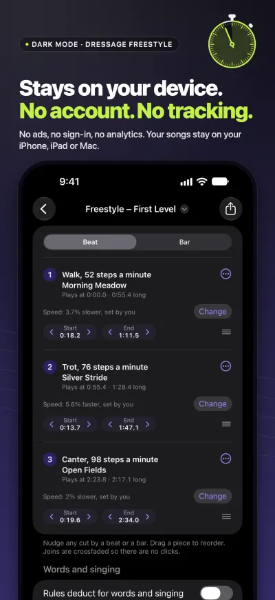 Screenshot headed &ldquo;Stays on your device. No account. No tracking.&rdquo;: the dressage freestyle project in dark mode.